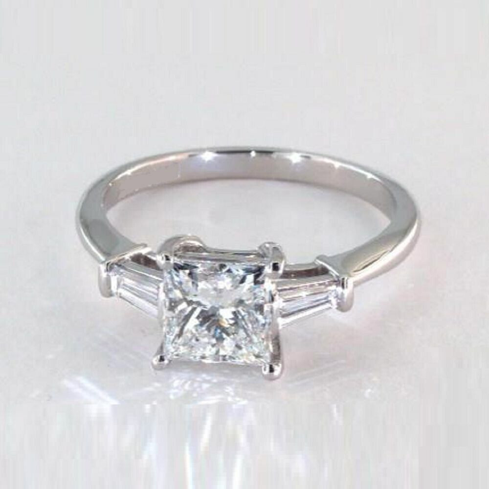 Natural 1Ct F/VS Princess & Tapper Diamond Trilogy Engagement Ring In Platinum 