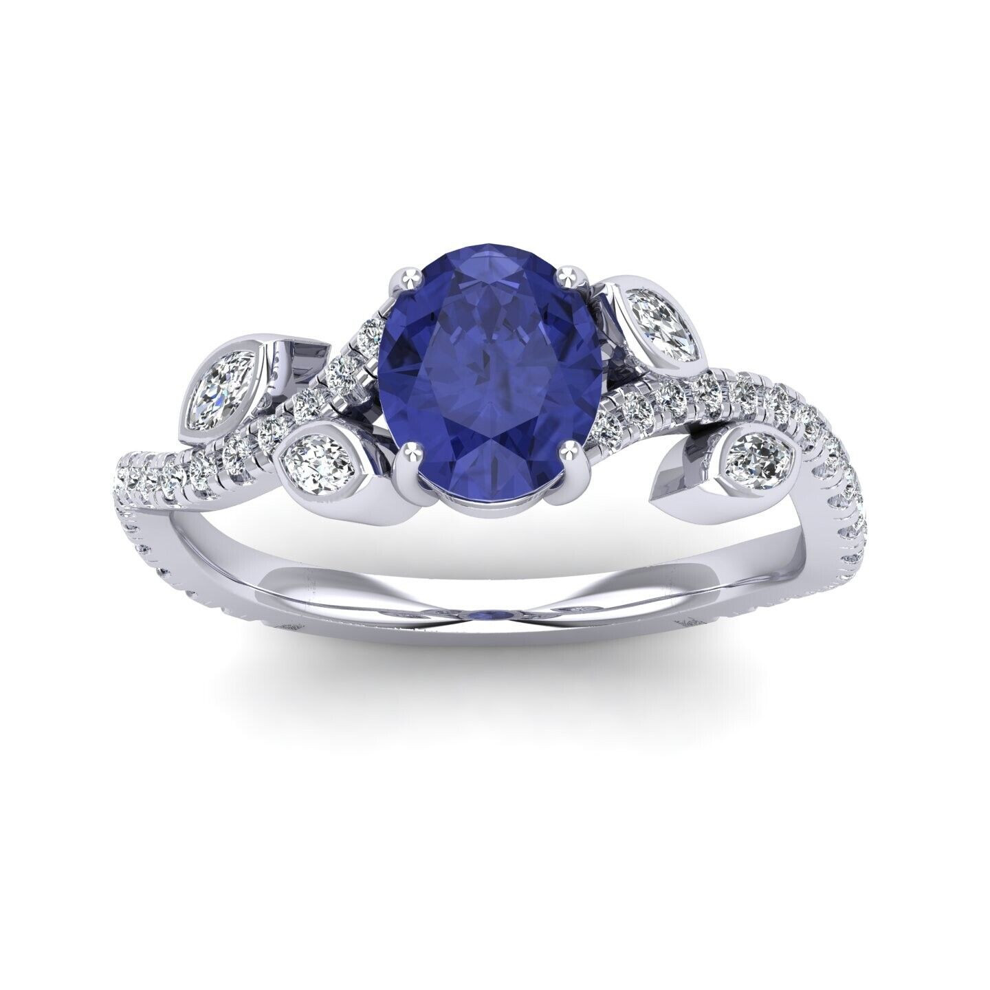 AAA Natural Oval Cut Blue Sapphire & Side Diamond Engagement Ring In Platinum - 3.00 Carat