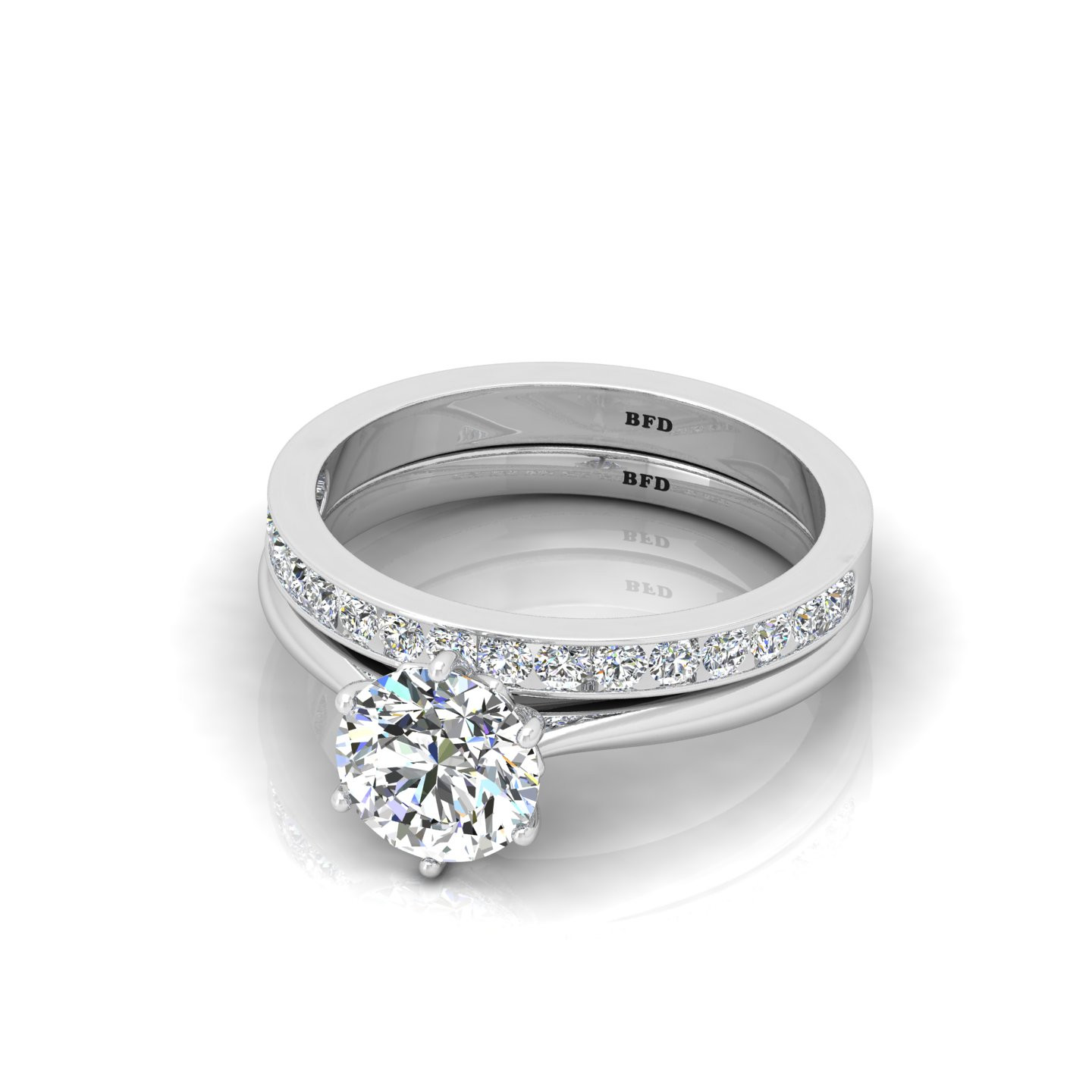 Round Diamond Petal Prong Set Engagement Ring With Matching Band