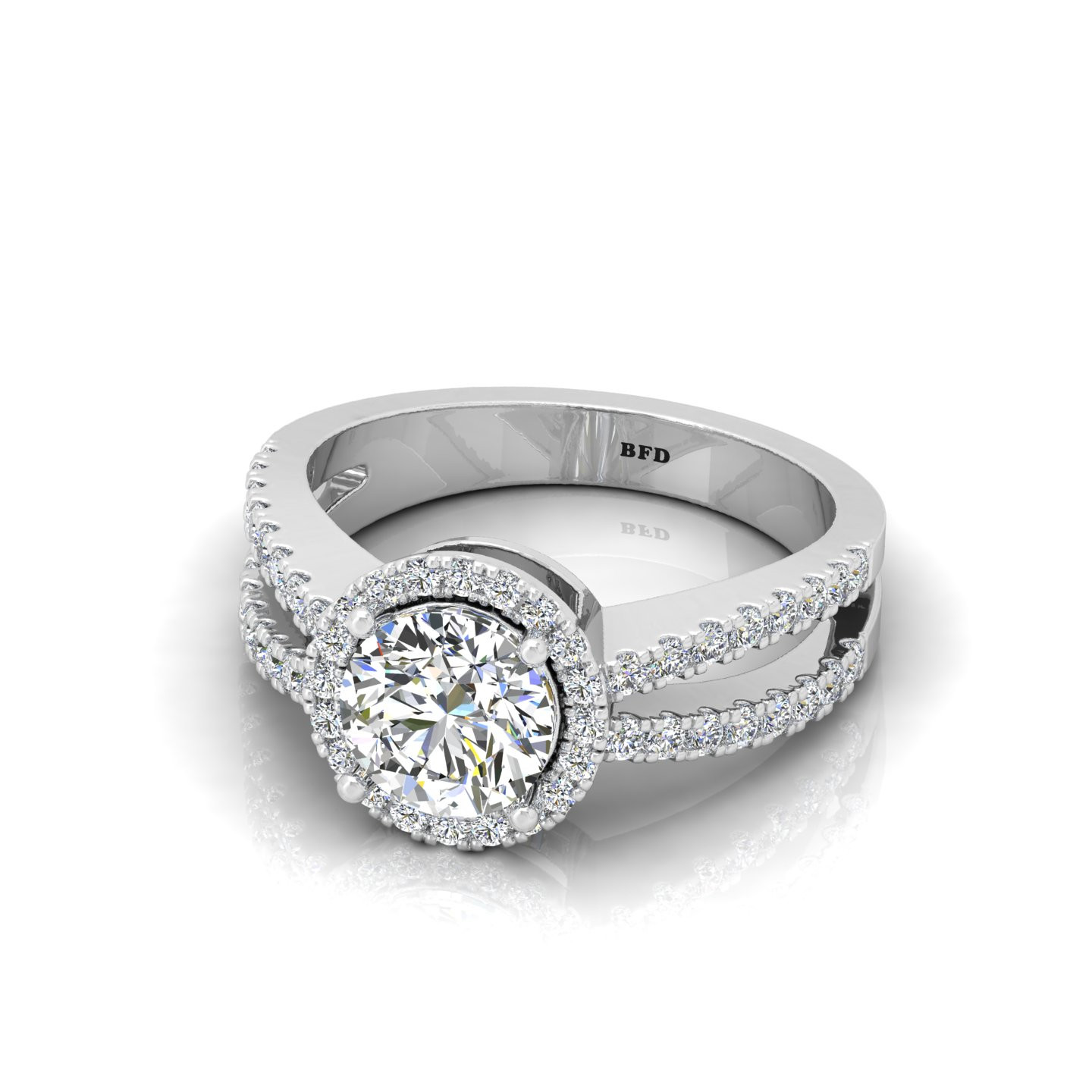 Round Diamond Designer Spilt Shank Halo Engagement Ring