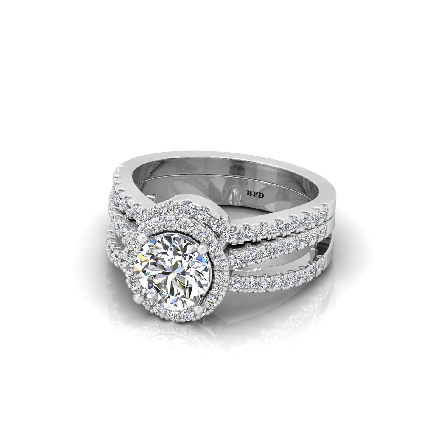 Round Diamond Split Shank Halo Ring With Wedding Band