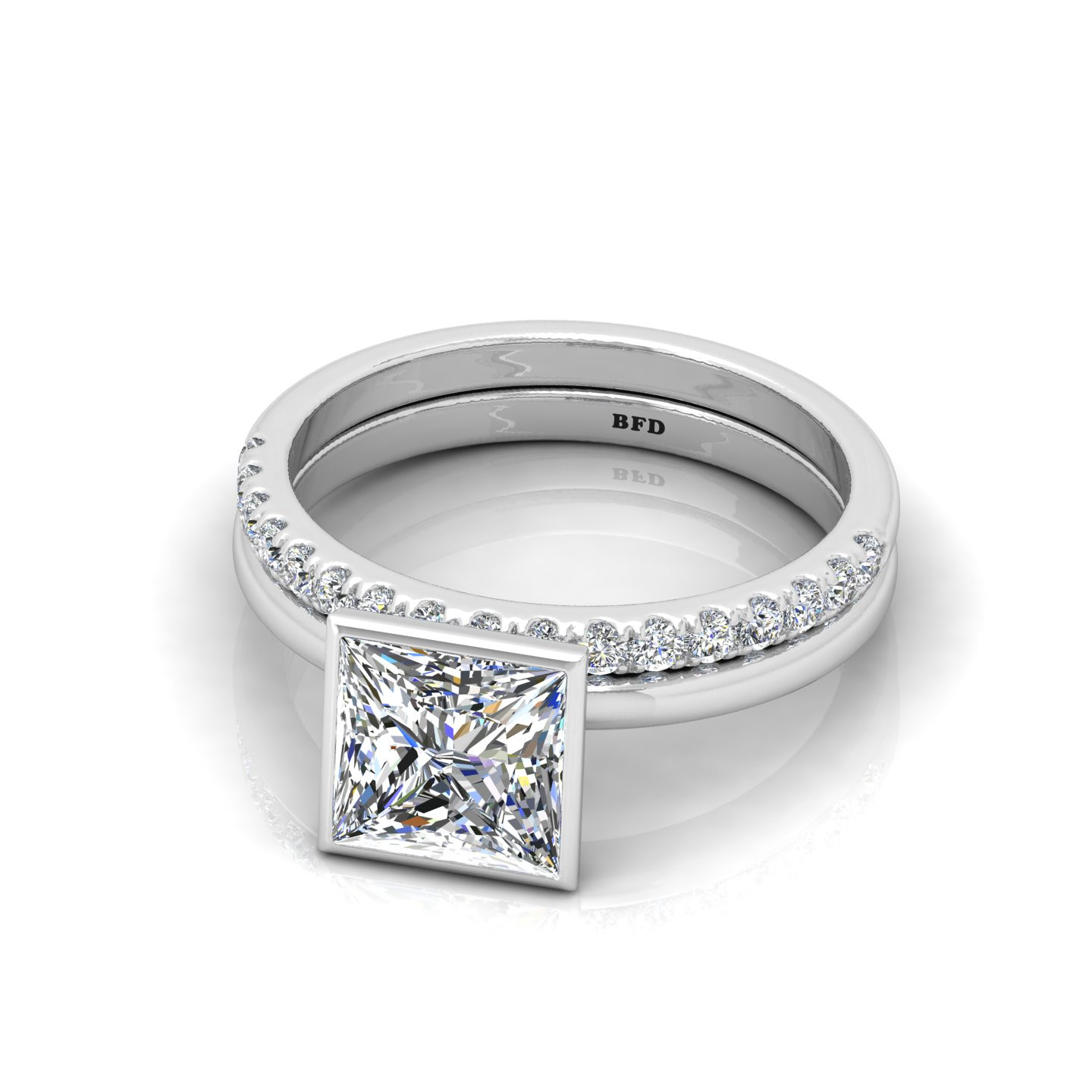 Princess Diamond Bezel Set Engagement Ring With Wedding Band