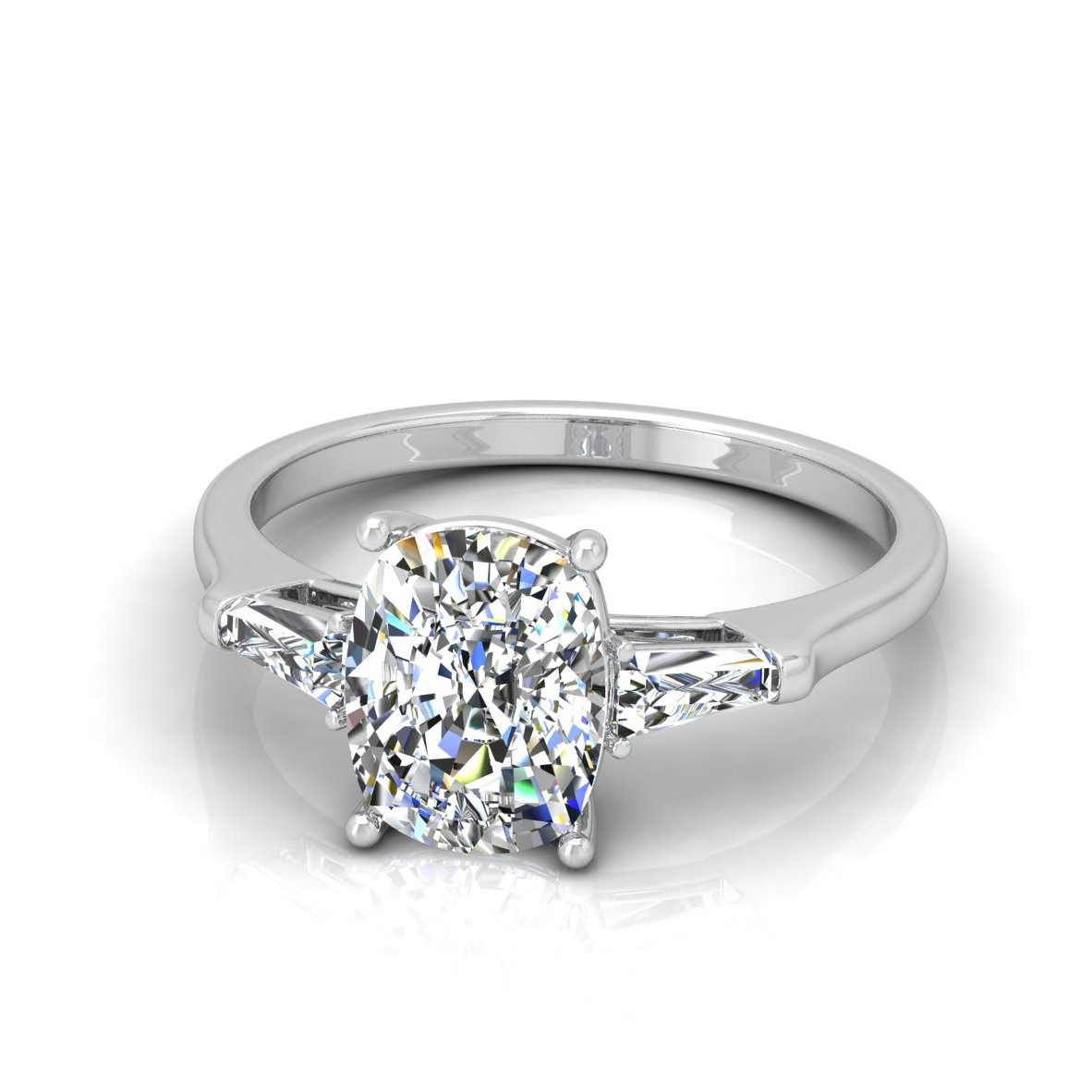 Long Cushion With Tapper Baguette Diamond Three Stone Ring