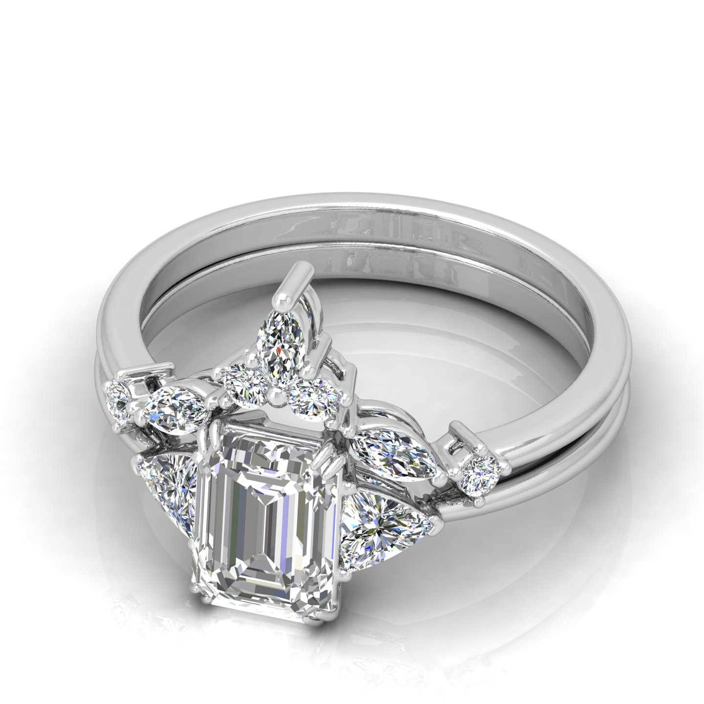 Bridal Set Emerald Cut Diamond Ring With Designer Wedding Band