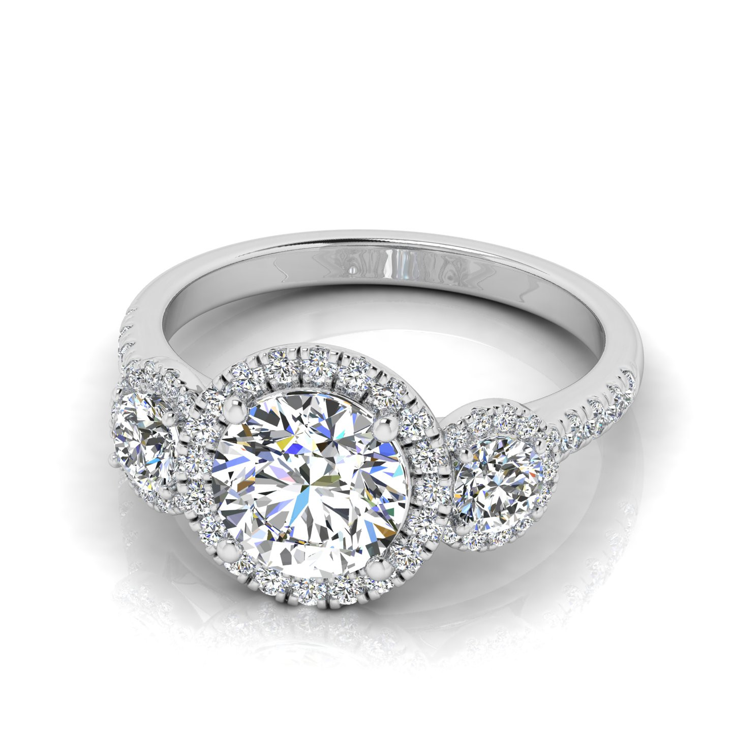 Round Diamond Claw Set Three Stone Halo Engagement Ring