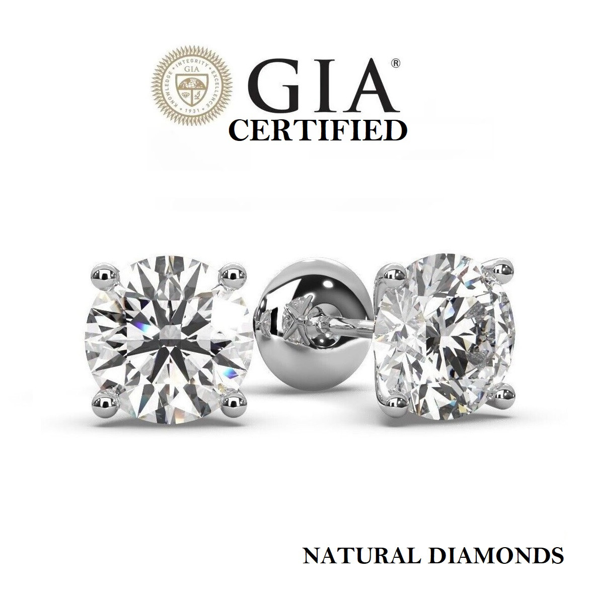 1.01ct GIA Certified Natural Round Diamond Screw Back Stud Earrings - 950 Platinum, Brilliant Cut