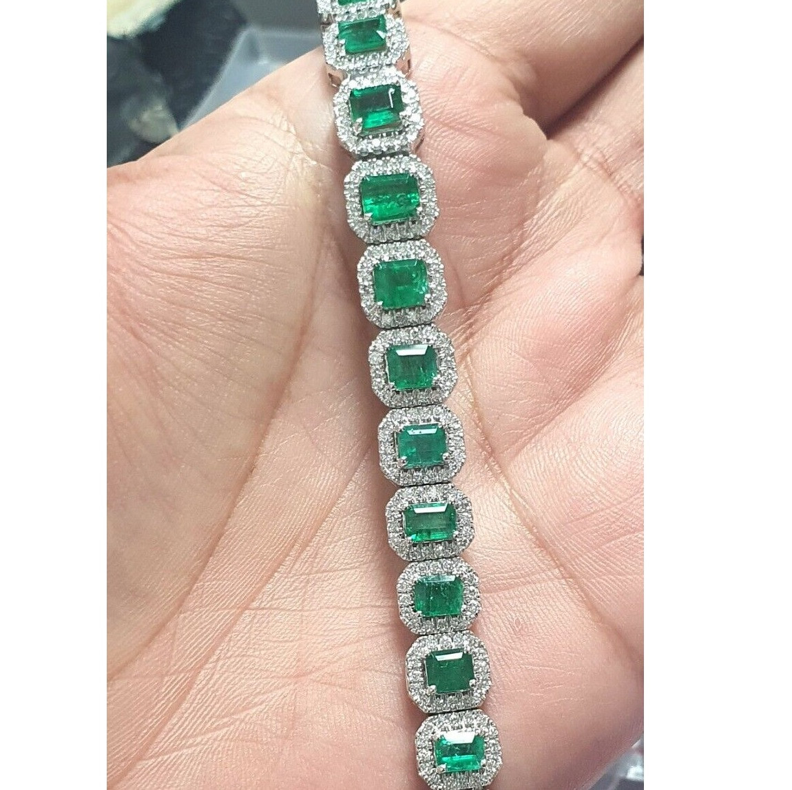 Natural Green Emerald & Diamond Halo Bracelet 12.50 Ct Made In 18k ...