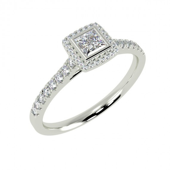 F-G/VS 0.50Ct Princess Diamond Halo Engagement Ring In 9k White Gold For Her