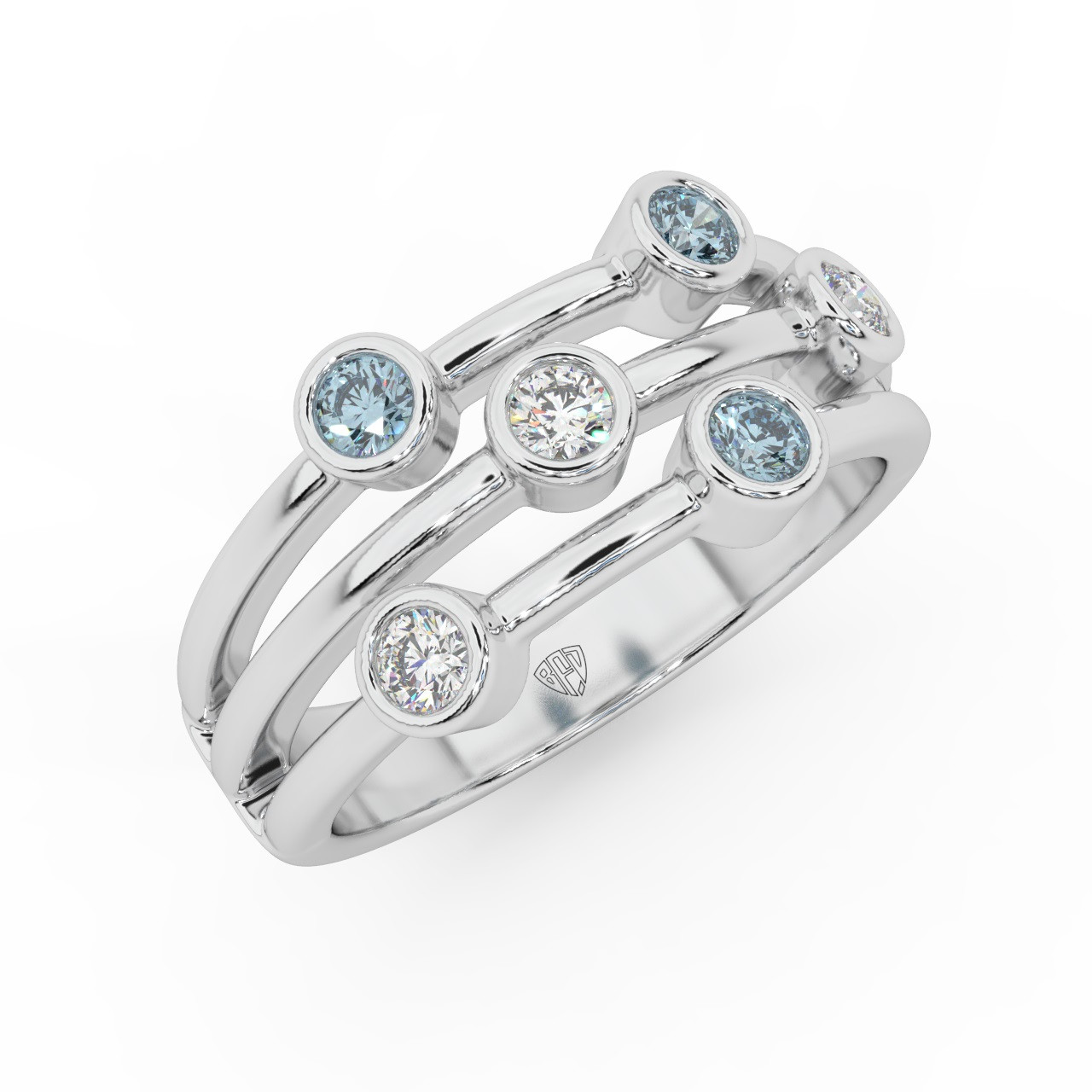 0.65ct Round Diamond & Aquamarine Bezel set Designer Ring set in White Gold