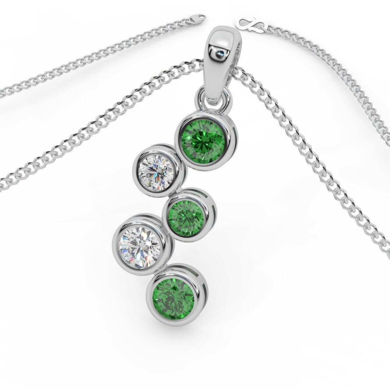 1.00Ct Green Emerald & Diamond Bezel Set Designer Pendant Crafted In White Gold